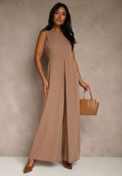 Ciemnobeżowy Taliowany Kombinezon Ozdobiony Zakładkami Berinola. Brązowe sukienki damskie Renee, na imprezę, l, bez wzorów, eleganckie, bez kołnierzyka, bez ramiączek, oversize. Za 149.99 zł.