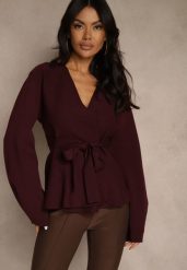 Bordowy Kardigan z Wiskozą Ozdobiony w Pasie Wiązaniem Tusllima. Czerwone kardigany damskie Renee, bez wzorów, z jeansu, bez kołnierzyka, bez ramiączek, bez kaptura. Za 109.99 zł.