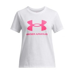 Koszulka dla dziewczynki Under Armour Big Logo. Białe bluzki dla dziewczynek Under Armour, bez wzorów, bez kołnierzyka, bez ramiączek. Za 158.00 zł.