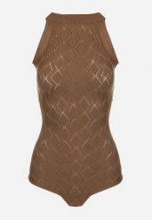 Ciemnobrązowe Body z Wiskozy o Tłoczonej Fakturze Idolina. Brązowe bluzki damskie Born2be, s, bez wzorów, z jeansu, bez kołnierzyka, bez ramiączek. Za 119.99 zł.