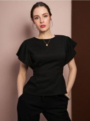 Bluzka z marszczeniem w talii - czarny. Czarne bluzki damskie Sinsay, l, bez wzorów, bez kołnierzyka, bez ramiączek. Za 25.99 zł.