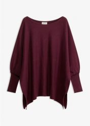 Sweter-peleryna z falistym brzegiem. Czerwone swetry damskie bonprix, bez wzorów, bez kołnierzyka, bez ramiączek, bez kaptura. Za 134.99 zł.