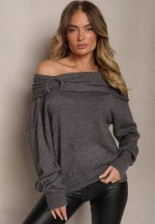 Szary Sweter Off Shoulder z Wiskozą z Ozdobnym Marszczeniem przy Dekolcie Nelilda. Szare swetry damskie Renee, bez wzorów, z jeansu, casualowe, bez kołnierzyka, bez ramiączek, bez kaptura. Za 119.99 zł.
