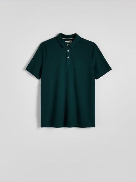 Koszulka polo regular fit - ciemnozielony. Zielone koszulki polo męskie Reserved, l, bez wzorów, z bawełny, bez ramiączek. Za 99.99 zł.