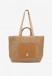 Ciemnobeżowa Pleciona Torebka Shopper z Metaliczną Ozdobą Feleriona. Brązowe torebki shopper damskie Born2be, z aplikacjami, z jeansu, eleganckie, bez dodatków. Za 89.99 zł.