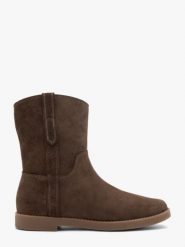 Brązowe płaskie botki ze skóry welurowej. Brązowe botki damskie Ryłko, z jeansu, casualowe, bez obcasa, na obcasie, bez zapięcia. Za 429.99 zł.