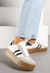 Biało-Czarne Sneakersy Tenisówki z Ozdobnymi Paskami Mirnelis. Białe trampki i tenisówki damskie Born2be, bez wzorów, z jeansu, eleganckie, bez zapięcia. Za 89.99 zł.