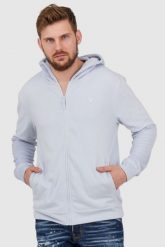 GUESS Błękitna bluza męska z kapturem z frotte. Niebieskie bluzy męskie Guess, l, z aplikacjami, z kapturem. W wyprzedaży za 229.99 zł.
