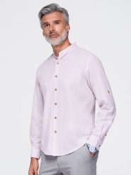 Męska koszula z lnem w paski ze stójką - biało-różowa V3 - Rozmiar: L. Czerwone koszule męskie Ombre Clothing, na lato, l, bez wzorów, z bawełny, biznesowe, bez kołnierzyka, bez ramiączek. Za 169.99 zł.