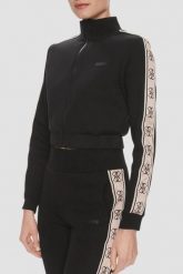 GUESS Czarna rozpinana bluza damska z lampasami New Britney, Rozmiar S. Czarne bluzy sportowe damskie Guess, s, z aplikacjami, z dresówki, bez kaptura. Za 459.99 zł.