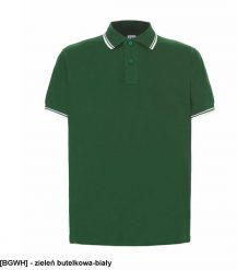 JHK Męskie polo z krótkim rękawem 100% stabilizowana bawełna, zieleń butelkowa-biały L. Białe koszulki polo męskie JHK, l, bez wzorów, z bawełny, bez ramiączek. Za 44.25 zł.