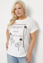Biały Bawełniany T-shirt z Nadrukiem i Cyrkoniami Ertebis. Białe bluzki damskie Born2be, xl, bez wzorów, z bawełny, eleganckie, bez kołnierzyka. Za 39.99 zł.