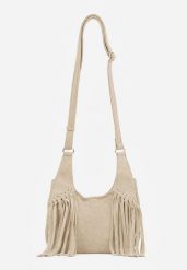 Beżowa Torebka w Stylu Boho z Imitacji Zamszu Ozdobiona Frędzlami na Długim Pasku na Ramię Megorre. Brązowe torby na ramię damskie Renee, bez wzorów, z jeansu, boho, bez dodatków. Za 119.99 zł.