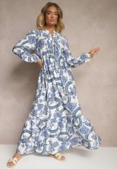 Niebieska Rozkloszowana Sukienka z Wiskozą Wiązana przy Dekolcie w Roślinny Print Koriselle. Niebieskie sukienki damskie Renee, na co dzień, l, bez wzorów, z wiskozy, eleganckie, bez kołnierzyka, bez ramiączek, maxi, rozkloszowane. Za 129.99 zł.