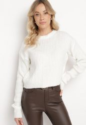 Jasnobeżowy Sweter o Pudełkowym Kroju z Prążkowanym Tłoczeniem Omelis. Brązowe swetry damskie Born2be, m, bez wzorów, z jeansu, eleganckie, bez kołnierzyka, bez ramiączek, długie, bez kaptura. Za 99.99 zł.