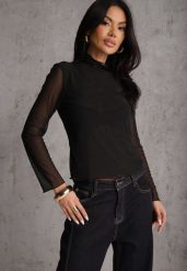 Czarna Siateczkowa Bluzka Longsleeve z Golfem o Dopasowanym Kroju Yenlea. Czarne koszule damskie Renee, l, bez wzorów, z materiału, bez kołnierzyka, bez ramiączek. Za 79.99 zł.