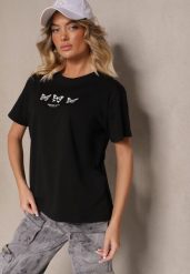 Czarna Bawełniana Bluzka T-shirt Oversize z Aplikacją w Kształcie Motyli Elmaris. Czarne bluzki damskie Renee, m, z aplikacjami, z bawełny, eleganckie, bez kołnierzyka. Za 29.99 zł.