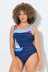 Damskie Strój kąpielowy statek okrągły dekolt miękkie miseczki z recyklingu. Niebieskie kostiumy jednoczęściowe damskie Ulla Popken, plus size, bez wzorów, z elastanu, plus size, do pływania. Za 191.99 zł.