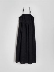 Sukienka maxi z haftem - czarny. Czarne sukienki damskie Reserved, l, bez wzorów, z bawełny, bez kołnierzyka, bez ramiączek, maxi. W wyprzedaży za 79.99 zł.