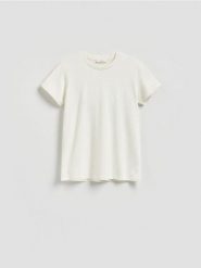 T-shirt z włóknami bambusowymi - złamana biel. T-shirty damskie Reserved, l, bez wzorów, z dzianiny, bez kołnierzyka. Za 89.99 zł.
