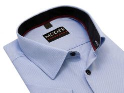 Błękitna koszula męska Modini z krótkim rękawem - mikrostruktura DK16. Niebieskie koszule męskie Modini Moda Męska, m, bez wzorów, z bawełny, casualowe, bez kołnierzyka, bez ramiączek. W wyprzedaży za 148.50 zł.