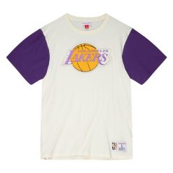 T-shirt z kolorowymi wstawkami Los Angeles Lakers 2021/22. Brązowe koszulki sportowe męskie Mitchell & Ness, bez wzorów, bez kołnierzyka, bez ramiączek, do koszykówki. Za 238.00 zł.