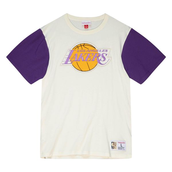 T-shirt z kolorowymi wstawkami Los Angeles Lakers 2021/22. Brązowe koszulki sportowe męskie Mitchell & Ness, bez wzorów, sportowe, bez kołnierzyka. Za 238.00 zł.