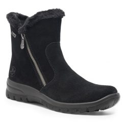 Botki Rieker. Czarne botki damskie Rieker, bez obcasa, na płaskiej podeszwie, bez zapięcia. Za 389.99 zł.
