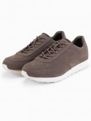 Męskie sportowe buty sneakersy z ekoskóry o zamszowym wykończeniu – ciemnobrązowe V2 OM-FOCS-0161 - 45. Brązowe buty sportowe męskie Ombre Clothing, z gumy, bez zapięcia. W wyprzedaży za 109.99 zł.