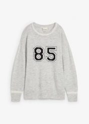 Sweter oversize z obniżoną linią ramion. Szare swetry damskie bonprix, bez wzorów, bez kołnierzyka, bez ramiączek, bez kaptura. Za 94.99 zł.