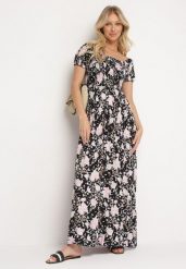 Czarno-Biała Rozkloszowana Sukienka w Kwiaty z Marszczonym Dekoltem Disteria. Czarne sukienki damskie Born2be, na imprezę, na lato, m, bez wzorów, z jeansu, eleganckie, bez kołnierzyka, bez ramiączek, maxi, rozkloszowane. Za 59.99 zł.