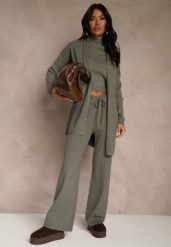 Ciemnozielony Komplet z Dzianiny z Wiskozą Spodnie Bluzka ze Stójką i Kardigan Vetisene. Zielone bluzki damskie Renee, l, bez wzorów, z dzianiny, długie. Za 249.99 zł.