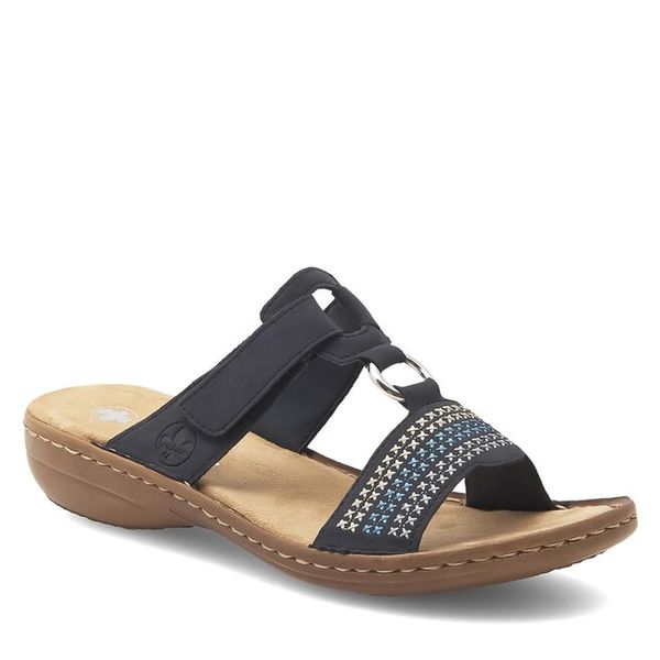 Klapki Rieker. Niebieskie klapki damskie Rieker, bez wzorów, bez obcasa. Za 269.99 zł.