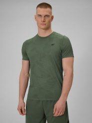 4F Koszulka treningowa regular szybkoschnąca męska - khaki S. Brązowe t-shirty męskie 4f, m, bez wzorów, z materiału, bez kołnierzyka. Za 129.99 zł.
