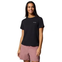 T-shirt sportowy z krótkim rękawem damski Sun Trek W SS II Tee. Czarne koszulki sportowe damskie Columbia, s, bez wzorów, z bawełny, bez kołnierzyka, bez ramiączek. Za 99.99 zł.