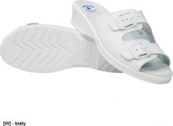 MEDIBUT BMKLA2PAS - klapki damskie na koturnie, cholewka skóra z powłoką ułatwiającą mycie i dezynfekcję - biały 38. Białe klapki damskie Medibut, bez wzorów, ze skóry, bez obcasa, na koturnie. Za 103.19 zł.