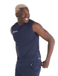 Minimalistyczna męska koszulka bez rękawów z bawełny organicznej. Niebieskie koszulki sportowe męskie LEONE 1947 APPAREL, l, bez wzorów, z bawełny, bez kołnierzyka, bez ramiączek, na fitness i siłownię. Za 42.06 zł.