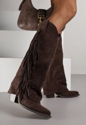 Ciemnobrązowe Kozaki Kowbojki na Stożku z Cholewką Imitującą Nogawkę z Frędzlami Monettea. Brązowe kozaki damskie Renee, z jeansu, bez obcasa, na obcasie. Za 179.99 zł.