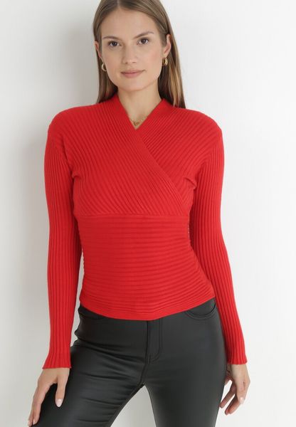Czerwony Sweter Kopertowy z Prążkowanej Dzianiny Zaki. Czerwone swetry damskie Born2be, s, bez wzorów, z dzianiny, eleganckie, bez kołnierzyka, bez ramiączek, długie, bez kaptura. Za 39.99 zł.