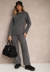 Ciemnoszary Komplet z Wełną i Bawełną Spodnie o Szerokim Kroju Sweter z Guzikami i Rozcięciem Sialwen. Szare spodnie materiałowe damskie Renee, l, bez wzorów, z bawełny, biznesowe, bez kołnierzyka, bez ramiączek, bez kaptura. Za 159.99 zł.