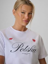 4F Koszulka kibica damska - biała XS. Białe koszulki sportowe damskie 4f, xs, bez wzorów, z bawełny, bez kołnierzyka, bez ramiączek. Za 59.99 zł.