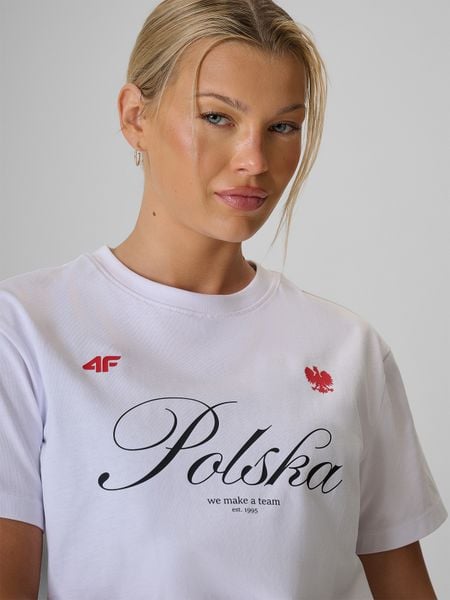 4F Koszulka kibica damska - biała XS. Białe koszulki sportowe damskie 4f, xs, bez wzorów, z bawełny, bez kołnierzyka, bez ramiączek. Za 59.99 zł.
