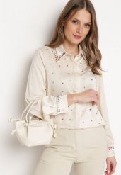 Jasnobeżowa Koszula z Ozdobnym Kołnierzykiem z Ćwiekami i Cyrkoniami Aiatla. Brązowe bluzki damskie Born2be, m, bez wzorów, eleganckie, bez kołnierzyka, bez ramiączek. Za 79.99 zł.