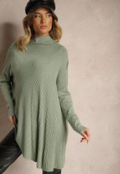 Jasnozielony Asymetryczny Golf z Wiskozą z Rękawami o Nietoperzowym Kroju Realeen. Zielone swetry damskie Renee, bez wzorów, z jeansu, eleganckie, z asymetrycznym kołnierzem, bez ramiączek, bez kaptura. Za 84.99 zł.