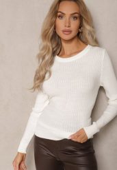 Biała Casualowy Sweter z Prążkowanego Materiału Zintra. Białe swetry damskie Renee, m, bez wzorów, z jeansu, casualowe, bez kołnierzyka, bez ramiączek, długie, bez kaptura. Za 69.99 zł.