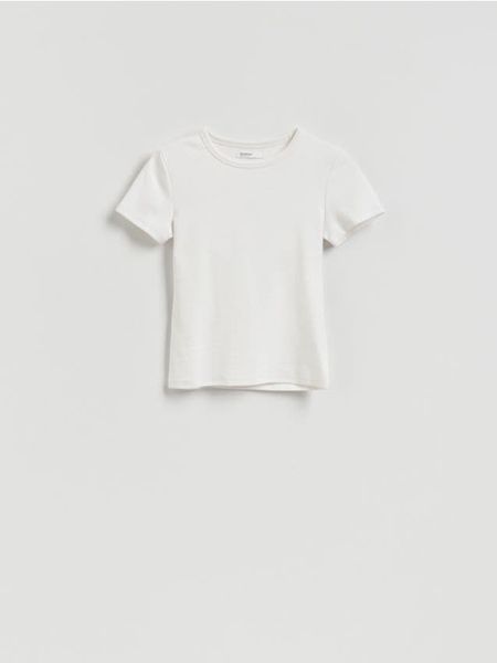 T-shirt slim fit z modalem - biały. Białe t-shirty damskie Reserved, l, bez wzorów, z bawełny, bez kołnierzyka. Za 45.99 zł.