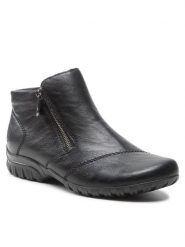 Rieker Botki L4663-01 Czarny. Czarne botki damskie Rieker, z materiału, bez obcasa, na płaskiej podeszwie, bez zapięcia. Za 244.99 zł.