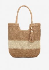 Ciemnobeżowa Pleciona Torebka z Frędzlem w Stylu Boho Rineriela. Brązowe torby na ramię damskie Renee, bez wzorów, boho, bez dodatków. Za 59.99 zł.