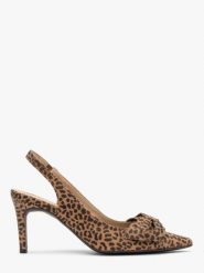 Czółenka typu slingback w panterkę z kokardką OFELIA. Brązowe czółenka damskie Ryłko, bez wzorów, z gumy, bez obcasa, na szpilce, bez zapięcia. W wyprzedaży za 299.99 zł.