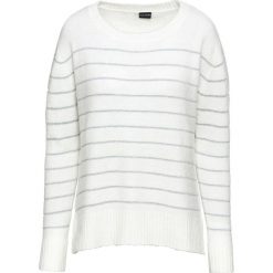 Sweter z metaliczną nitką bonprix biel wełny - srebrny. Białe swetry damskie bonprix, bez wzorów, z wełny, bez kołnierzyka, bez ramiączek, bez kaptura. Za 44.99 zł.